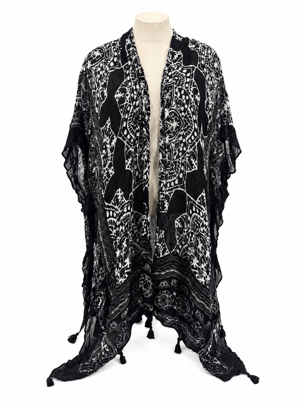 Unbranded Black White Madala Tassel Kimono Top Overlay Wrap Open OSFM